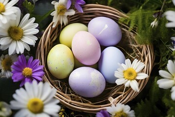 Obraz premium Pastel-colored Easter eggs in a wicker basket, surrounded by delicate spring flower, AI generated