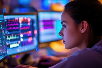 A person sitting in front of dual screens, possibly coding or working on projects