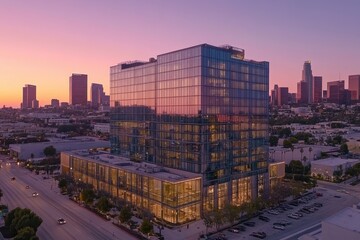 Fototapeta premium Aerial view of downtown Los Angeles showcasing modern skyscrapers at sunset, Aerial of the tall buildings of downtown Los Angeles at dawn