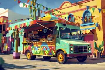 Naklejka premium A cheerful food truck with vibrant colors and festive atmosphere, street food, AI generated