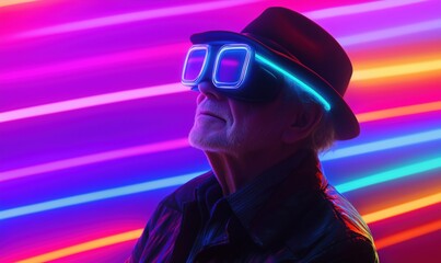 Elderly man wearing futuristic neon glasses against vibrant colorful background, showcasing technology and style