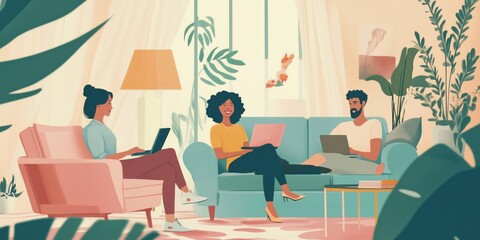 Fototapeta premium Cozy indoor workspace with three people engaged in remote work, vibrant plants, and warm lighting creating a relaxed atmosphere