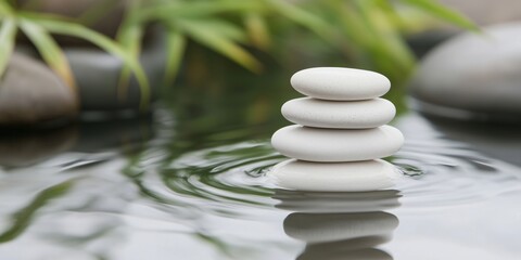 Obraz premium Stacked white stones in tranquil water creating ripples surrounded by green foliage