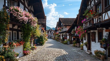 Fototapeta premium Charming cobblestone street, flower-filled half-timbered houses, village backdrop, idyllic postcard scene