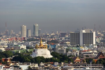 Gilded Stupa on Golden Mount, Wat Saket temple, northern skyline, panoramic view from Grand China Hotel, Chinatown, Bangkok, Thailand, Asia