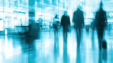 Crowds of people navigate through a spacious and modern airport terminal, bustling with activity and movement