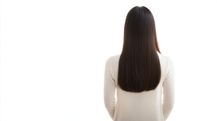 Obraz premium close up view from behind of young woman with long, straight hair, wearing light sweater, standing against bright background. image conveys sense of calm and introspection