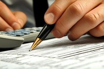 Business man creating a financial report with pen and calculator on a desk in an office setting, close up business man making a financial report