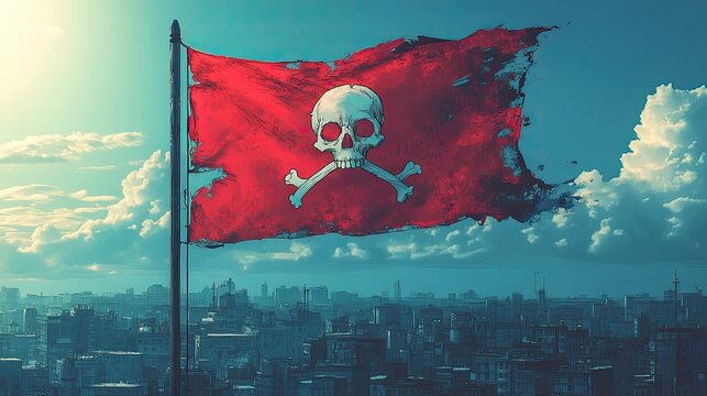 A traditional pirate flag featuring the iconic skull and crossbones, symbolizing danger and adventure on the high seas.
