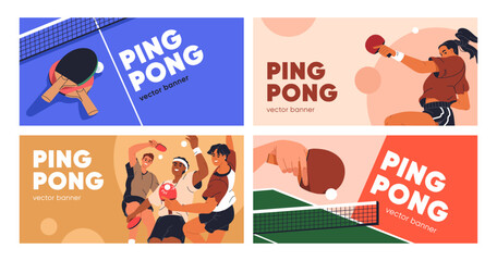 Ping pong, advertising banner designs set. Table tennis, horizontal promotion backgrounds for sports game with players, rackets and balls. PIngpong tournament promo cards. Flat vector illustration