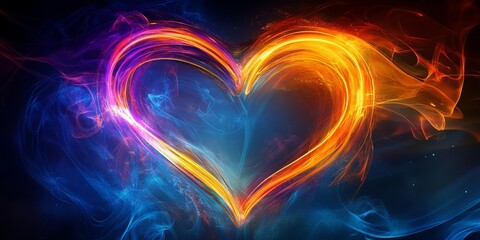 Vibrant Heart-Shaped Light Painting with Fiery and Cool Tones on a Dark Background