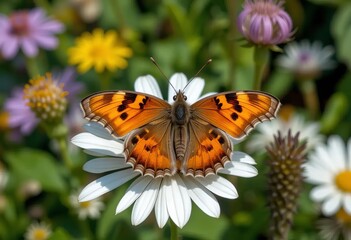 Obraz premium A small copper butterfly on a white sunflower with other flowers and green foliage in the background