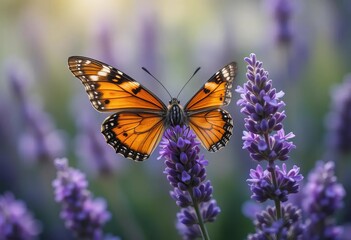Naklejka premium A butterfly resting on a lavender flower with a blurred background of more flowers and trees