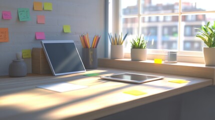 Fototapeta premium A workspace with an organized desk, sticky notes, and a tablet ready for brainstorming.