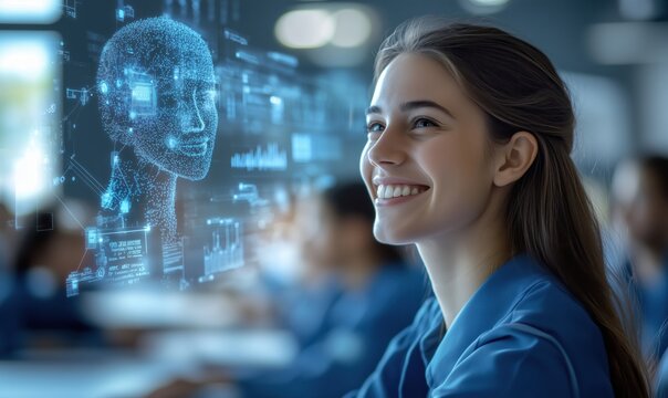 Smiling woman engaged with AI technology, futuristic interface, digital interaction, learning environment, innovation, education, technology integration