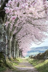Obraz premium A row of blooming cherry trees with pink flowers swaying gently