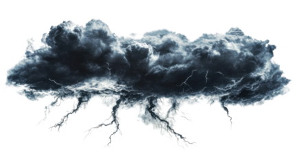 Dark thunderstorm cloud with lightning on transparent background. Transparent background