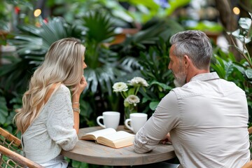 Fototapeta premium International Women's Day. A couple sitting together at a cozy table surrounded by lush greenery, enjoying a calm atmosphere.