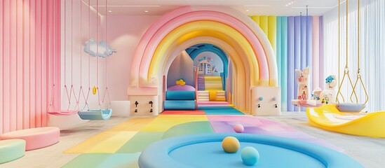 Rainbow playroom with soft, colorful play structures and ball pit.