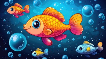 Fototapeta premium Cute and whimsical pattern of cartoon fish with bubbles on a dark ocean blue background