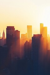 Obraz premium A breathtaking view of a city skyline at sunset, showcasing tall skyscrapers bathed in golden light.