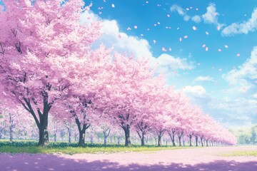 A row of blooming cherry trees with pink flowers swaying gently