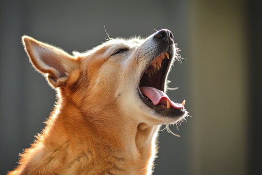 A close-up shot of a dog's face with its mouth open, suitable for use in animal-related content or as a humorous image