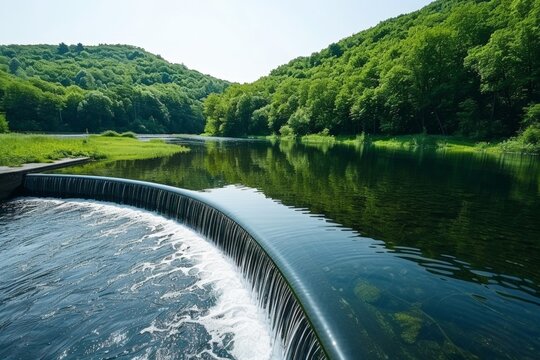 Plant Power Day. Hydroelectric power station with a flowing river in a mountainous landscape. - Powered by Adobe