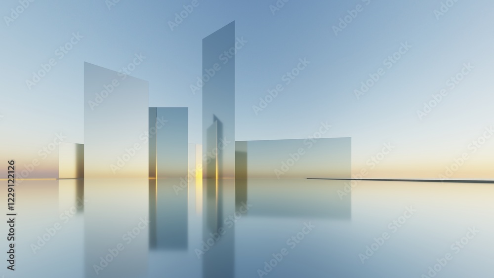 Aufkleber 3d illustration of abstract minimal architecture background, geometric architectural with chrome or 
