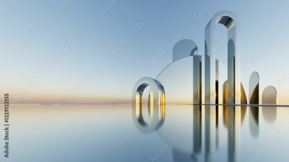 Poster 3d illustration of abstract minimal architecture background, geometric architectural with chrome or metallic arch design