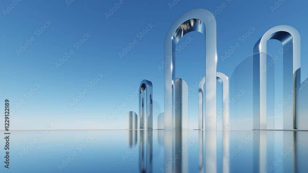 Aufkleber 3d illustration of abstract minimal architecture background, geometric architectural with chrome or metallic arch design