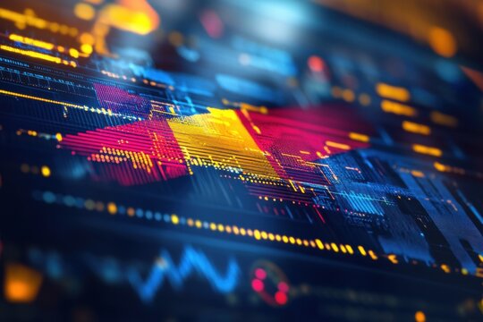 Financial data processing displayed over the flag of Ecuador with vibrant colors and electronic graphics, financial data processing over flag of equador - Powered by Adobe
