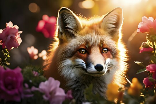 Fox in vibrant summer flowers field in warm sunlight, AI generated