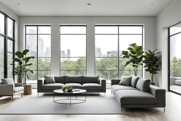 Render of a minimalist living room with clean lines and neutral tones, featuring a modern grey sofa, a single potted plant, and soft natural light streaming through large floor-to-ceiling windows, AI generated