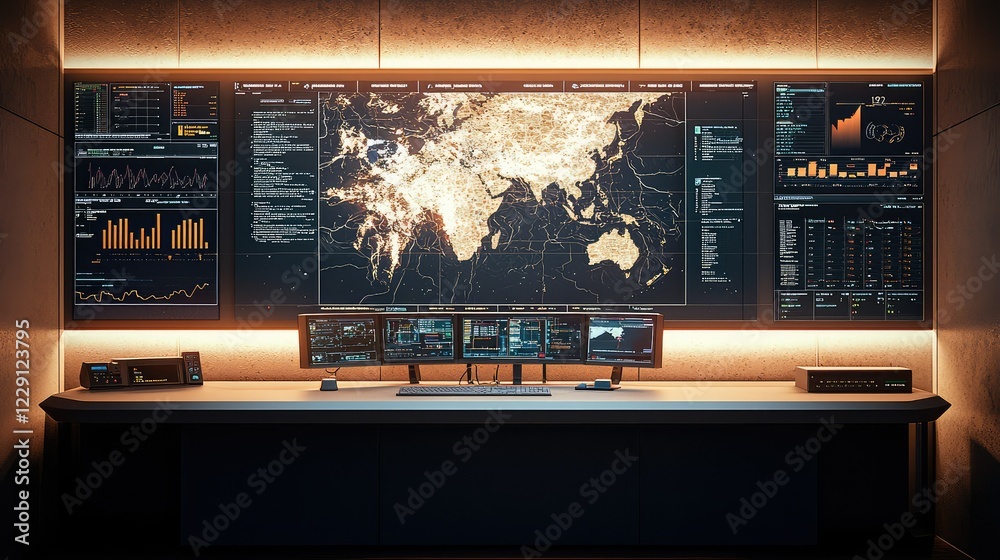 Poster modern control room with data visualization and world map design