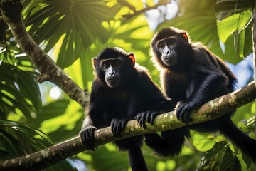 Fototapeta premium Howler monkeys perched on a branch in a vibrant green jungle, AI generated