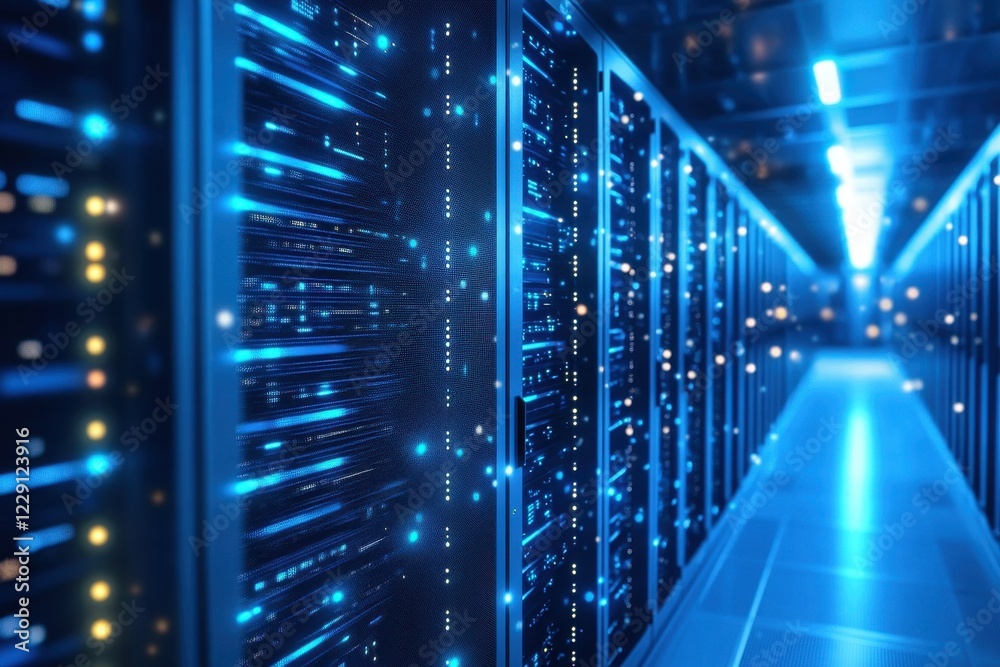 Poster Data processing and analysis within a highly advanced server facility at night, data processing over scope scanning and connections