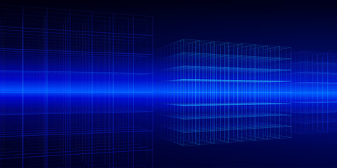 Block chain network concept and big data visualization. Cyber technology geometric abstract perspective grid lines blue background.