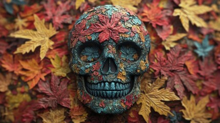 A skull surrounded by vivid autumn leaves creates a striking contrast of colors in a seasonal setting