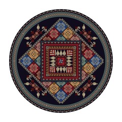 Decorative round Palestinian Tatreez design element over white background, vector illustration