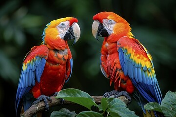 Fototapeta premium Two vibrant macaws with red, blue, and yellow feathers perch side by side, AI generated