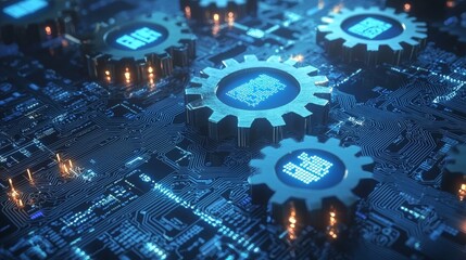 Futuristic Technology Background with Gears and Circuit Patterns