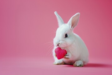 Fototapeta premium Cute white bunny holding pink heart in front of pastel pink background with copy space. Generative Ai, AI generated