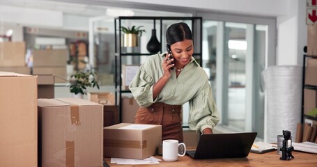 Phone call, shipping and laptop with business woman for courier delivery, logistics schedule or inventory update. Quality control, client feedback and ecommerce cargo with person in startup office