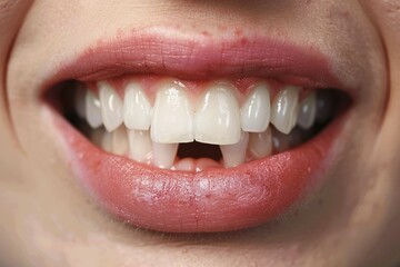 Woman's smiling mouth with missing mandibular central incisors front teeth. KI generiert, generiert, AI generated