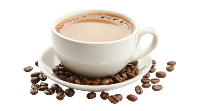 Warm cup of coffee surrounded by roasted beans on a clean white background in the morning light