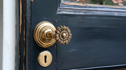 A close-up of elegant brass cabinet handles and knobs, illuminated by soft sunlight, highlighting their refined design and warm metallic tones. 