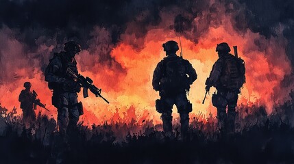 Fototapeta premium Silhouetted Soldiers Against Fiery Background in Dramatic Artwork