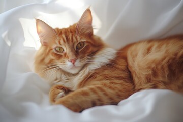A domestic cat lounges on a bed, its orange and white fur glistening in the light