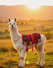 Llama with a serene mood standing in a picturesque sunset landscape